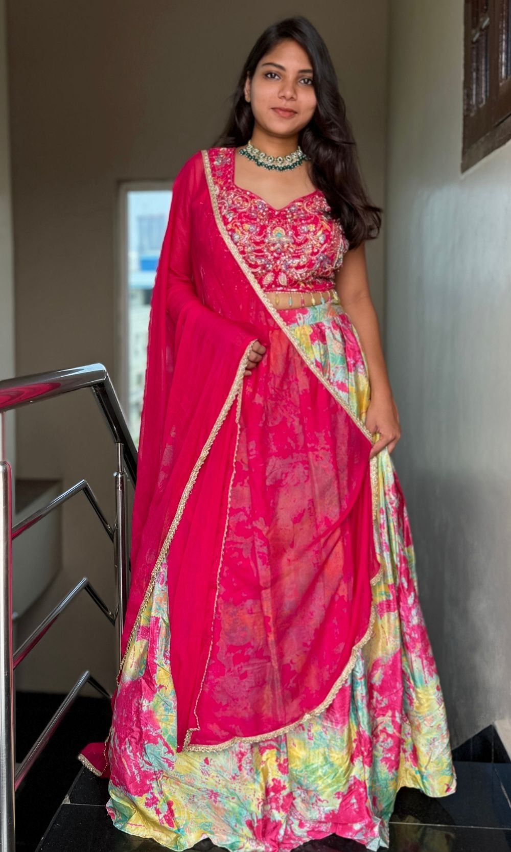 Pink Multi-Colour Pleated Lehenga Set