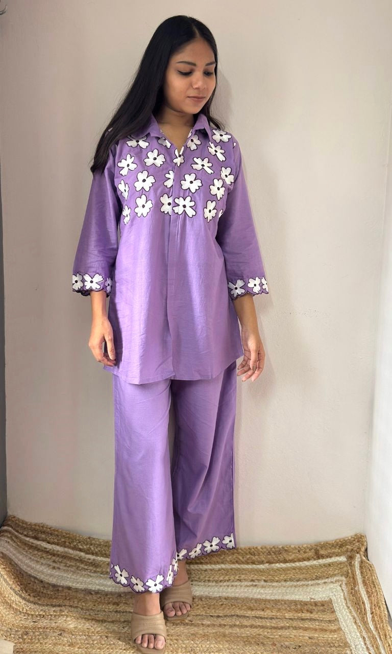 Lavender Co-Ord Set with White Floral Embroidery