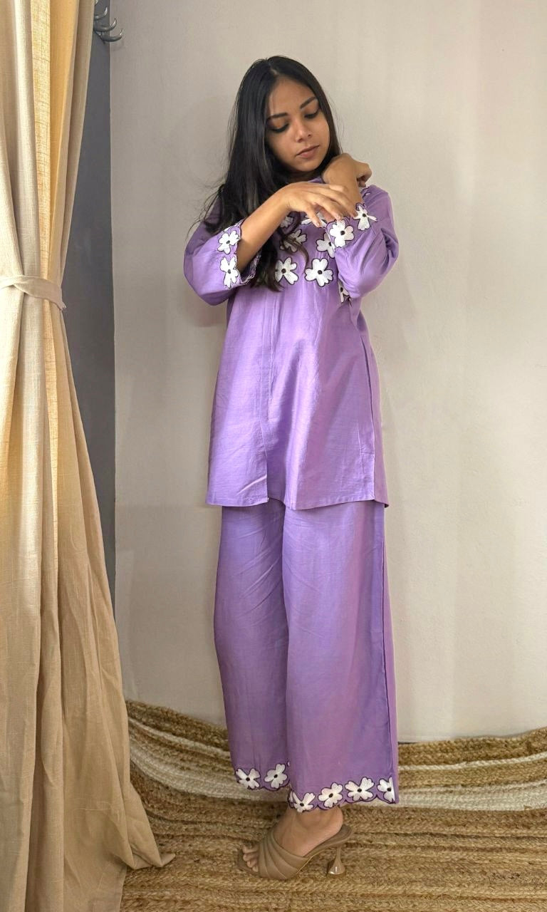 Lavender Co-Ord Set with White Floral Embroidery