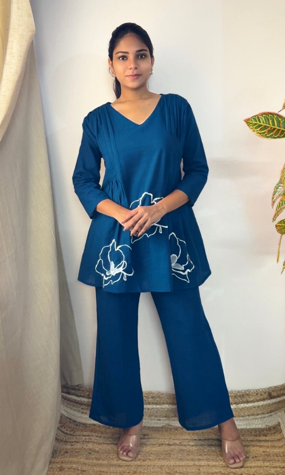 Blue Peplum Style Floral Embroidered Co-Ord Set