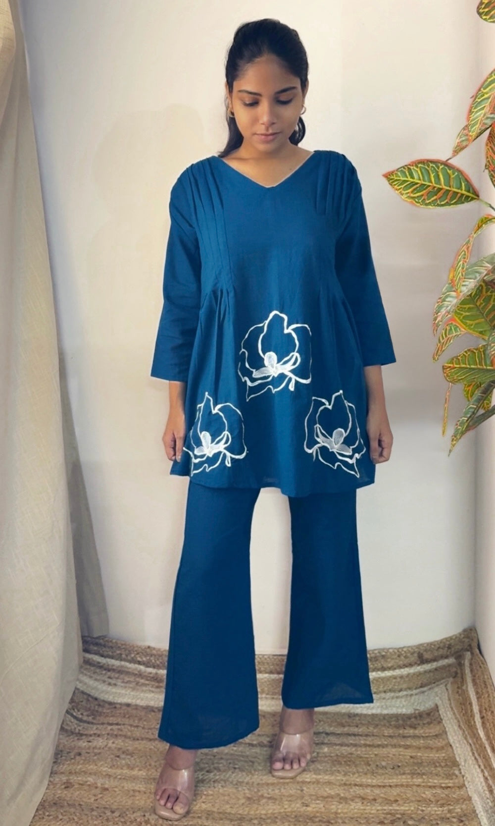 Blue Peplum Style Floral Embroidered Co-Ord Set