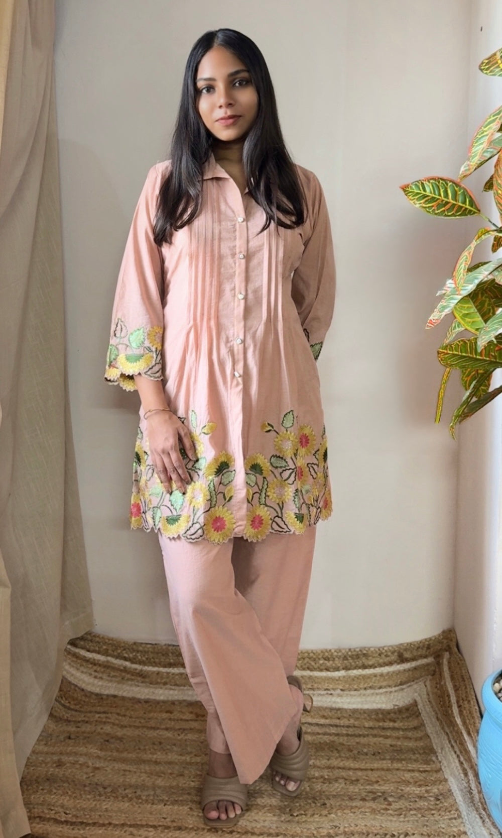 Peach Cream Floral Embroidered Pleated Kurta palazzo Co-ord set