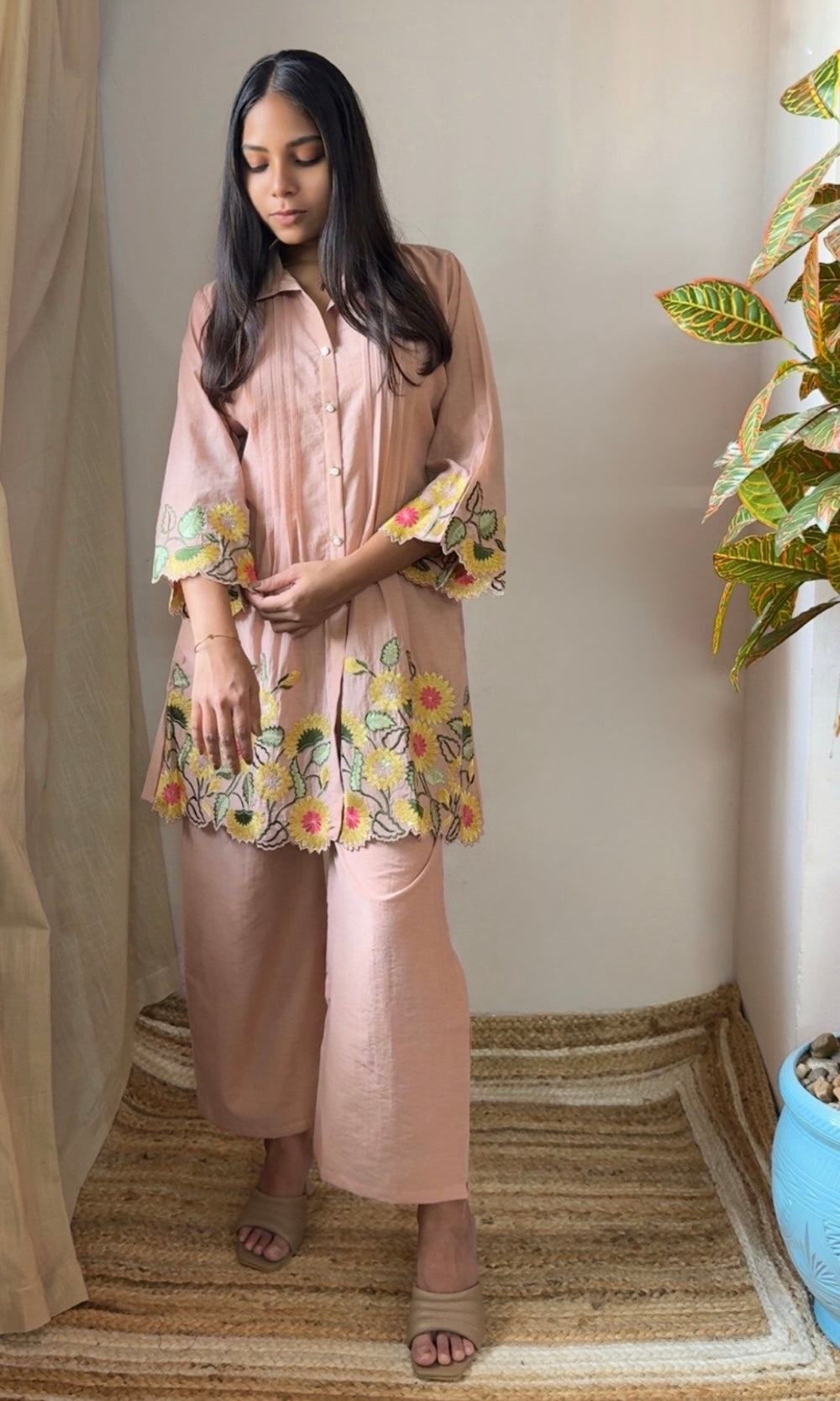 Peach Cream Floral Embroidered Pleated Kurta palazzo Co-ord set
