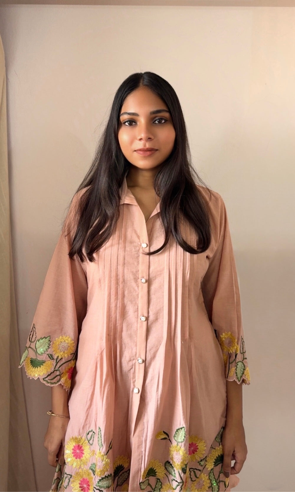 Peach Cream Floral Embroidered Pleated Kurta palazzo Co-ord set