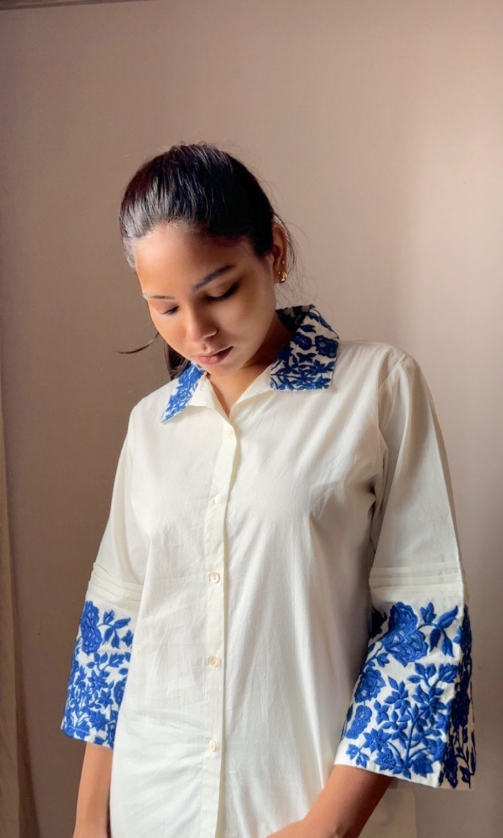 White - Blue Floral Embroidered Co-Ord Set