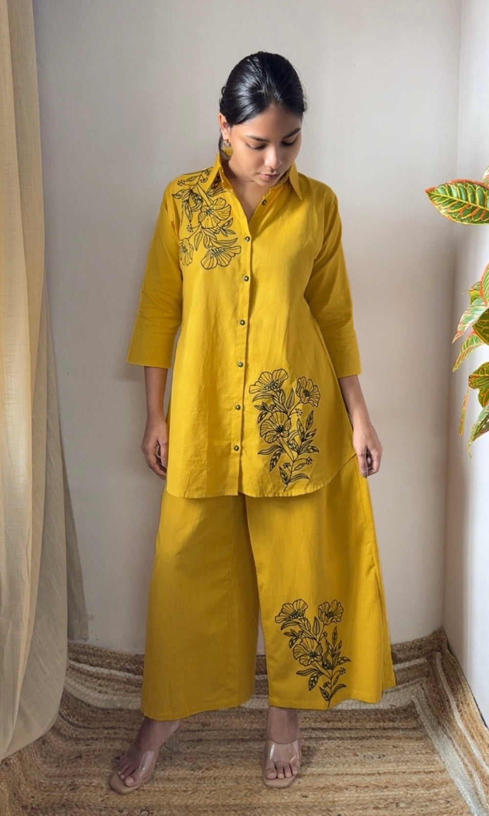 Mustard Yellow Minimal Floral Embroidery Co-ord Set
