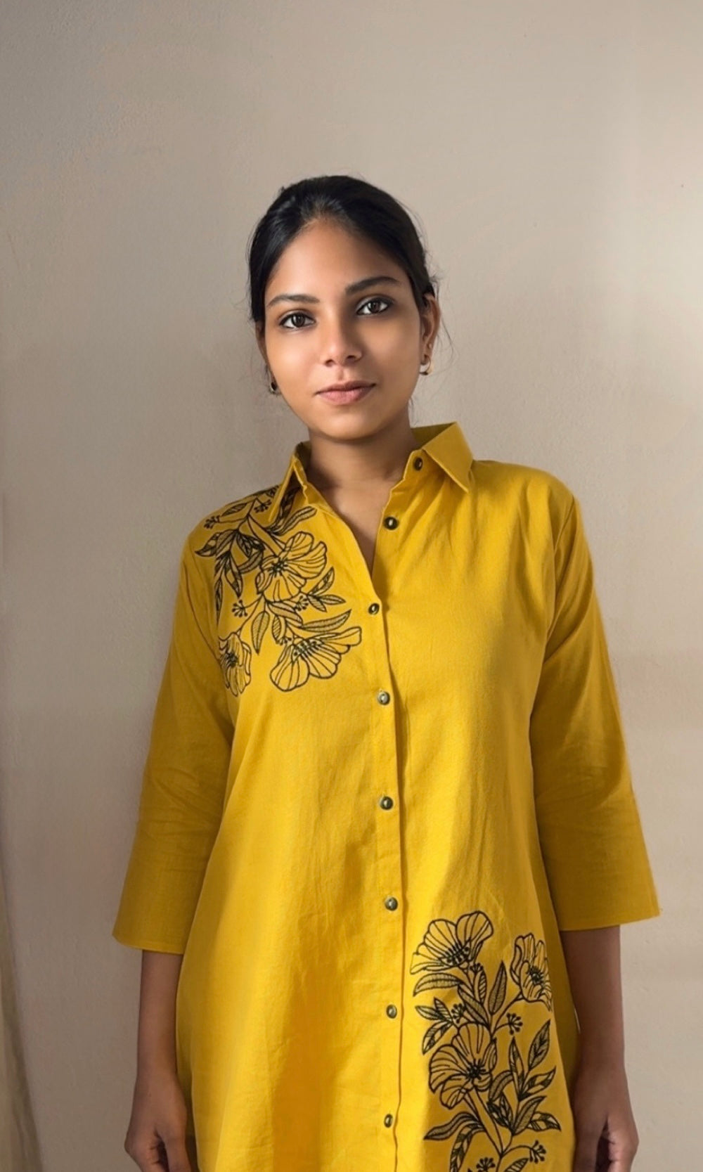 Mustard Yellow Minimal Floral Embroidery Co-ord Set