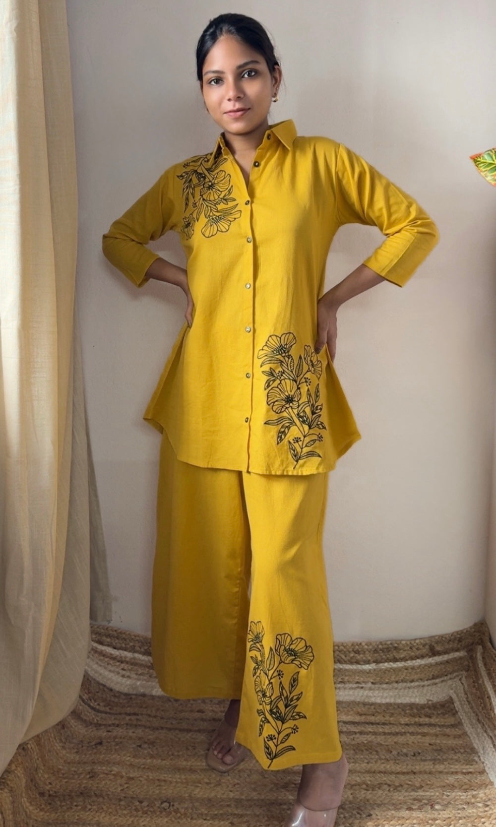 Mustard Yellow Minimal Floral Embroidery Co-ord Set