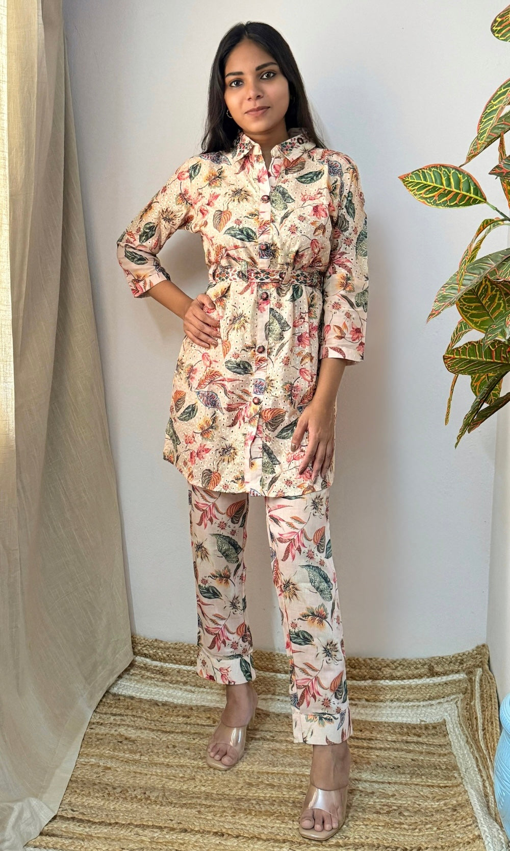 Beige Floral Kurta Palazzo Co-Ord Set with Belt