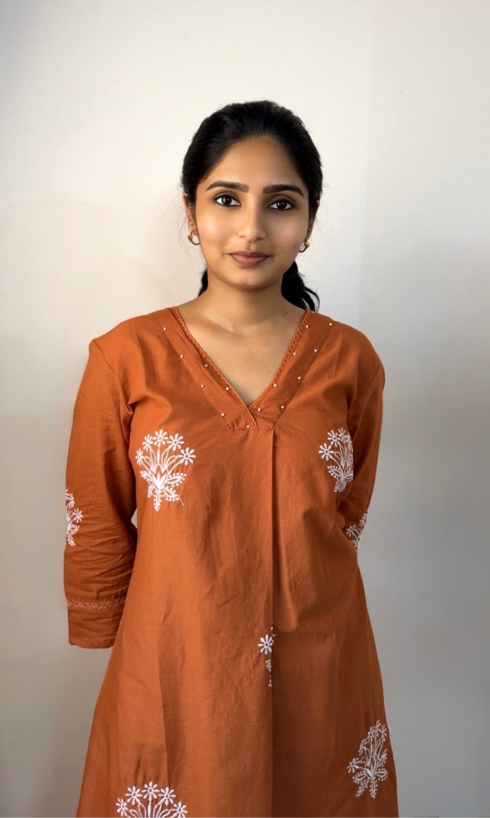V-Neckline Rust Orange Cotton Embroidered Kurta Palazzo Co-ord Set