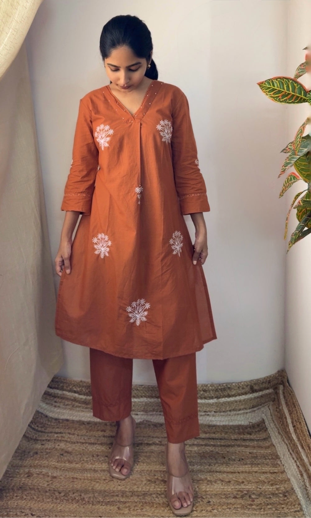 V-Neckline Rust Orange Cotton Embroidered Kurta Palazzo Co-ord Set