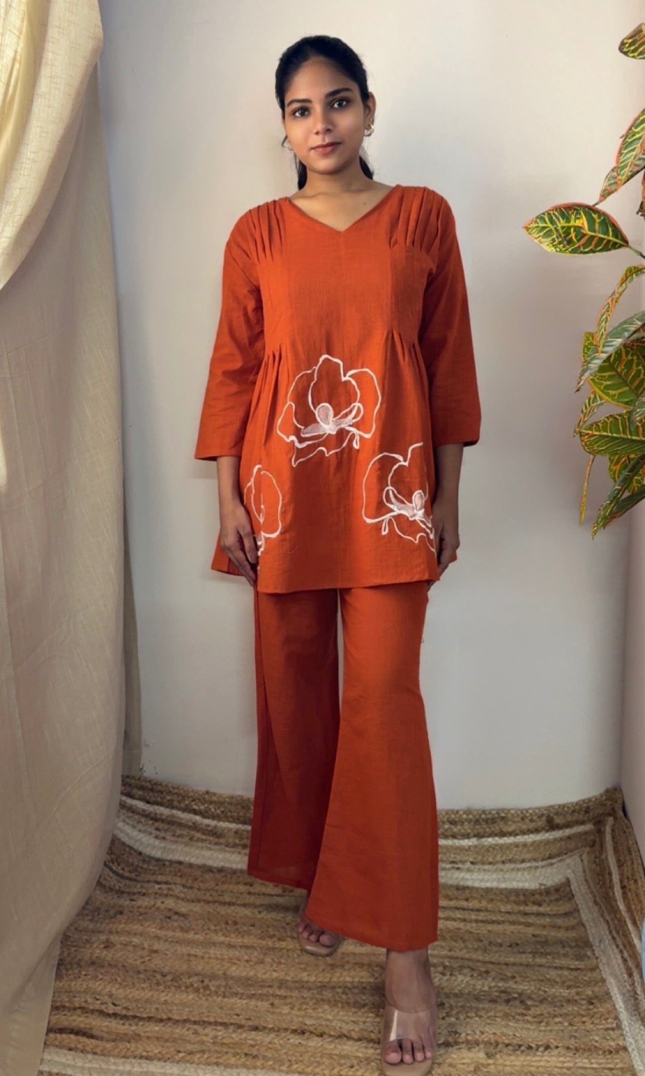 Rust Orange Peplum Style Floral Embroidered Co-Ord Set