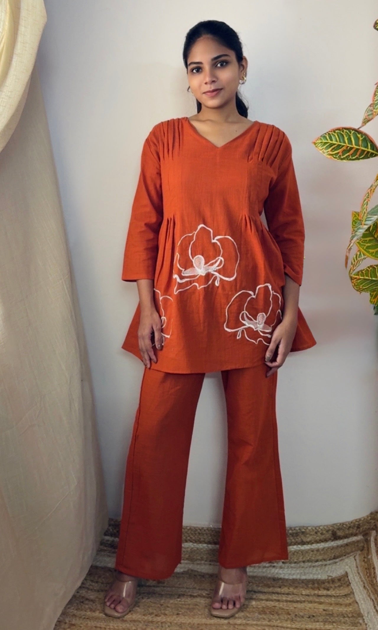 Rust Orange Peplum Style Floral Embroidered Co-Ord Set