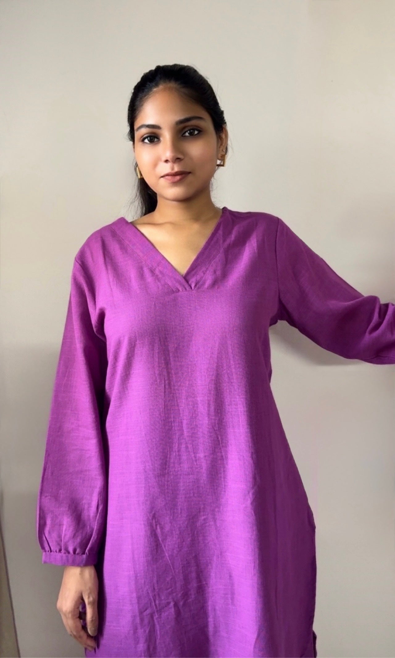 Plain Purple Cotton Kurta Palazzo Co-ord set with V-Neckline