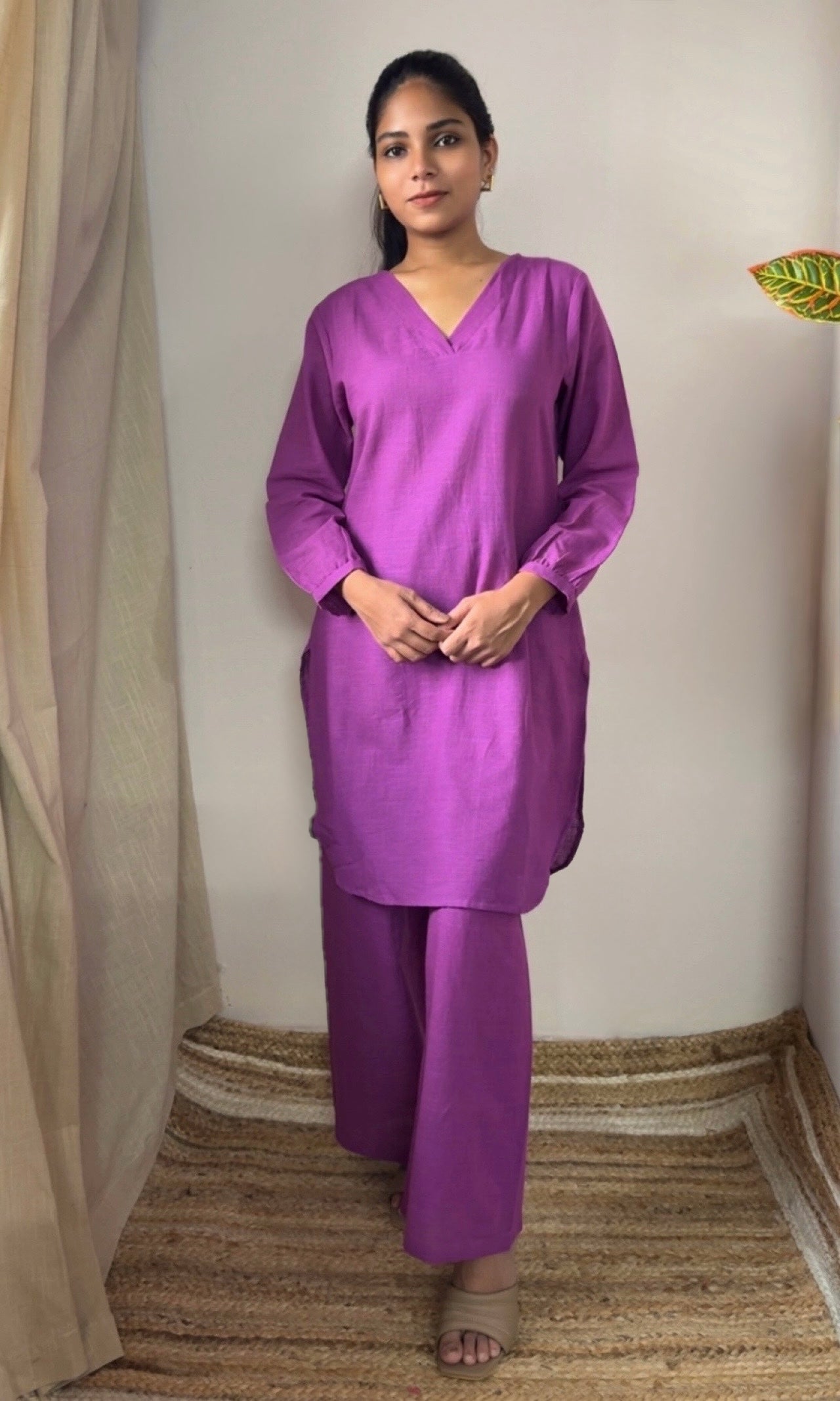 Plain Purple Cotton Kurta Palazzo Co-ord set with V-Neckline