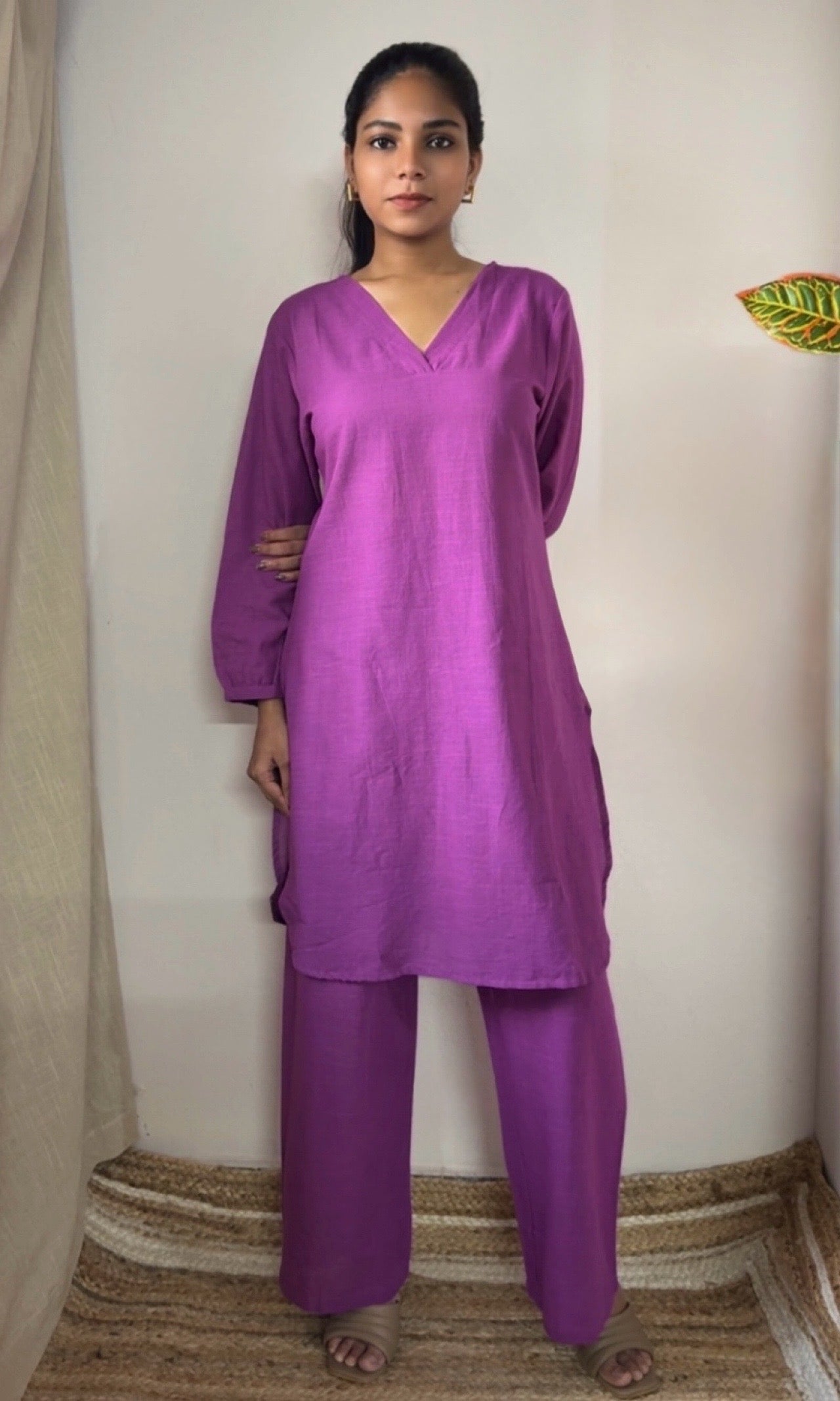 Plain Purple Cotton Kurta Palazzo Co-ord set with V-Neckline