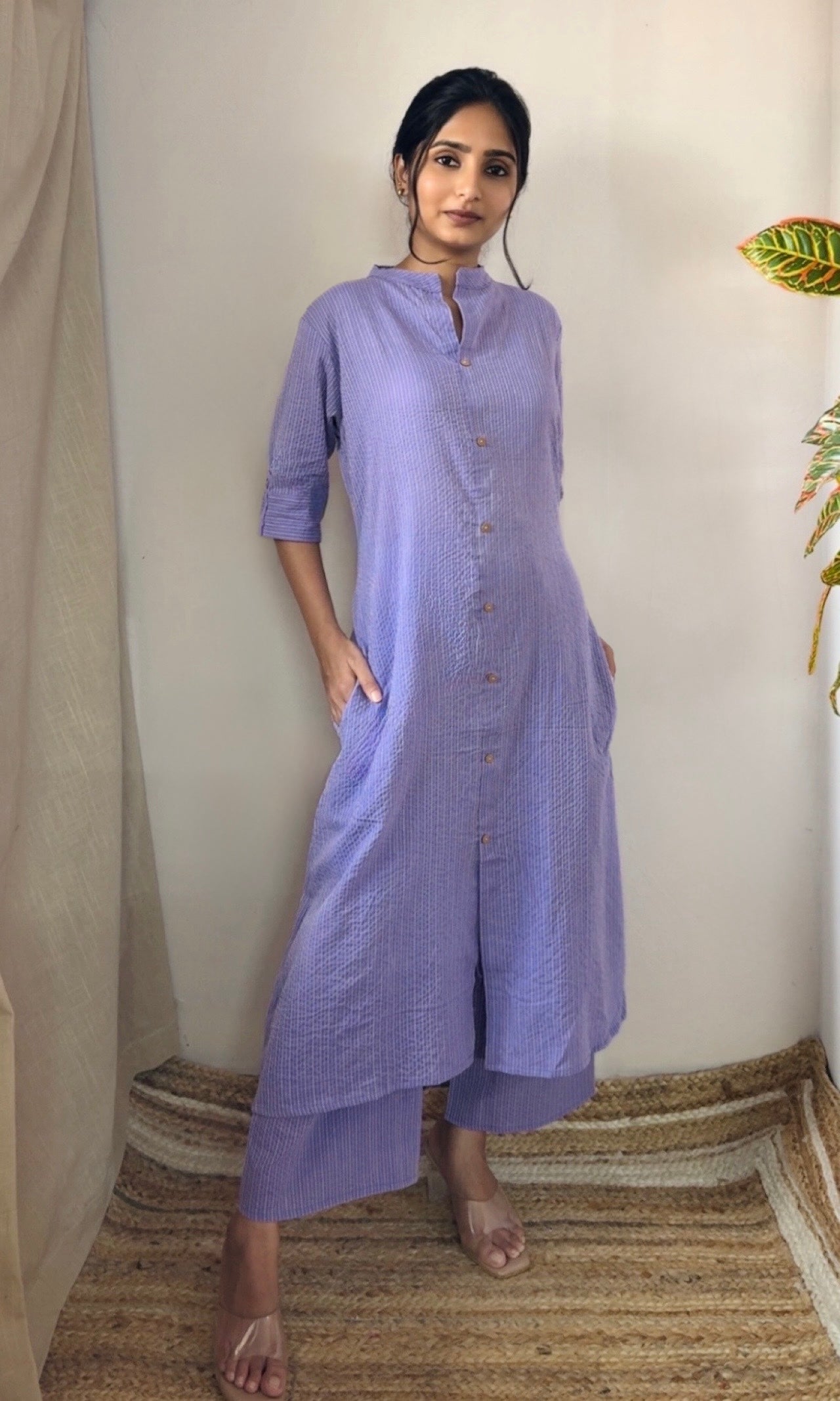Lavender Cotton Kurta Palazzo Co-ord Set with Button Detailing