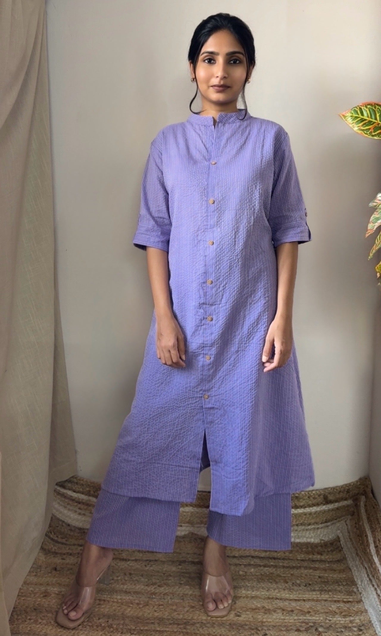 Lavender Cotton Kurta Palazzo Co-ord Set with Button Detailing