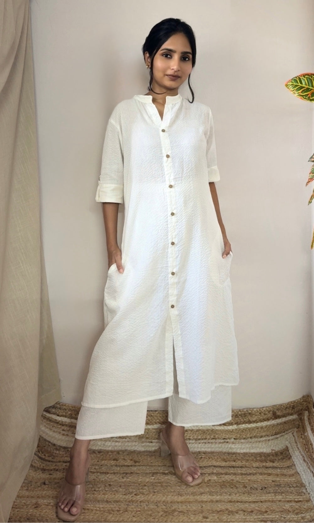 White Cotton Kurta Palazzo Co-ord Set with Button Detailing