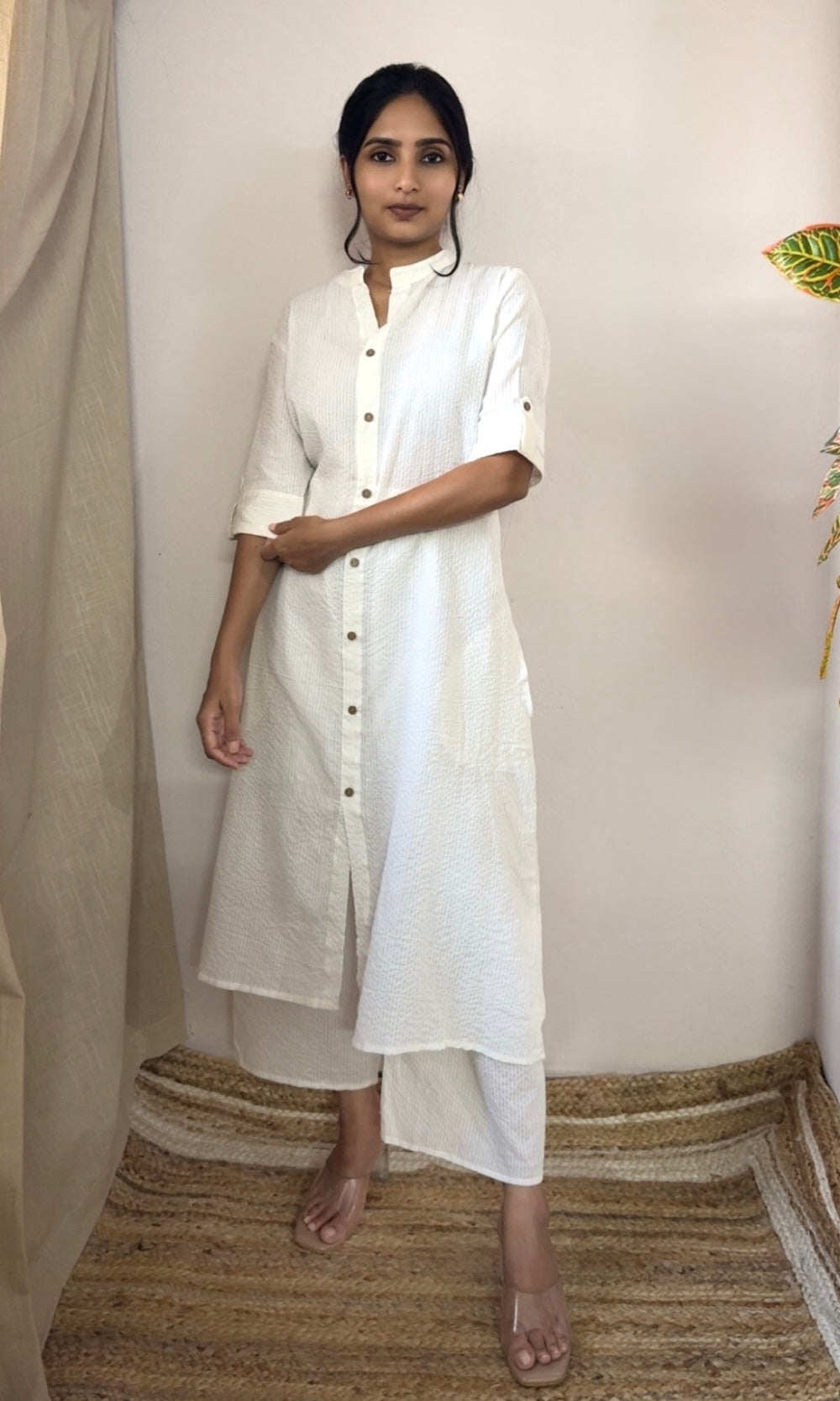 White Cotton Kurta Palazzo Co-ord Set with Button Detailing