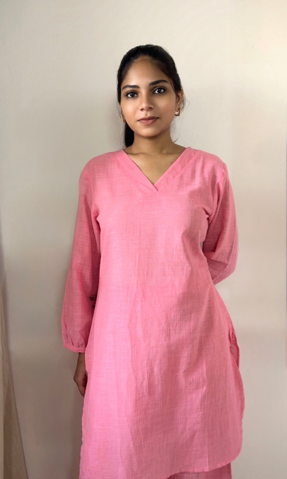Plain Pink Cotton Kurta Palazzo Co-ord set with V-Neckline
