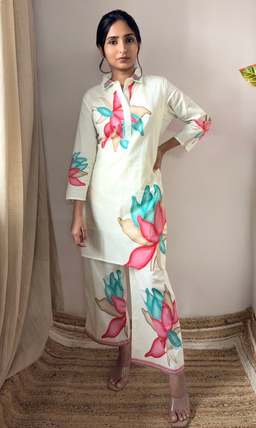 White Floral Kurta Palazzo Co-Ord Set