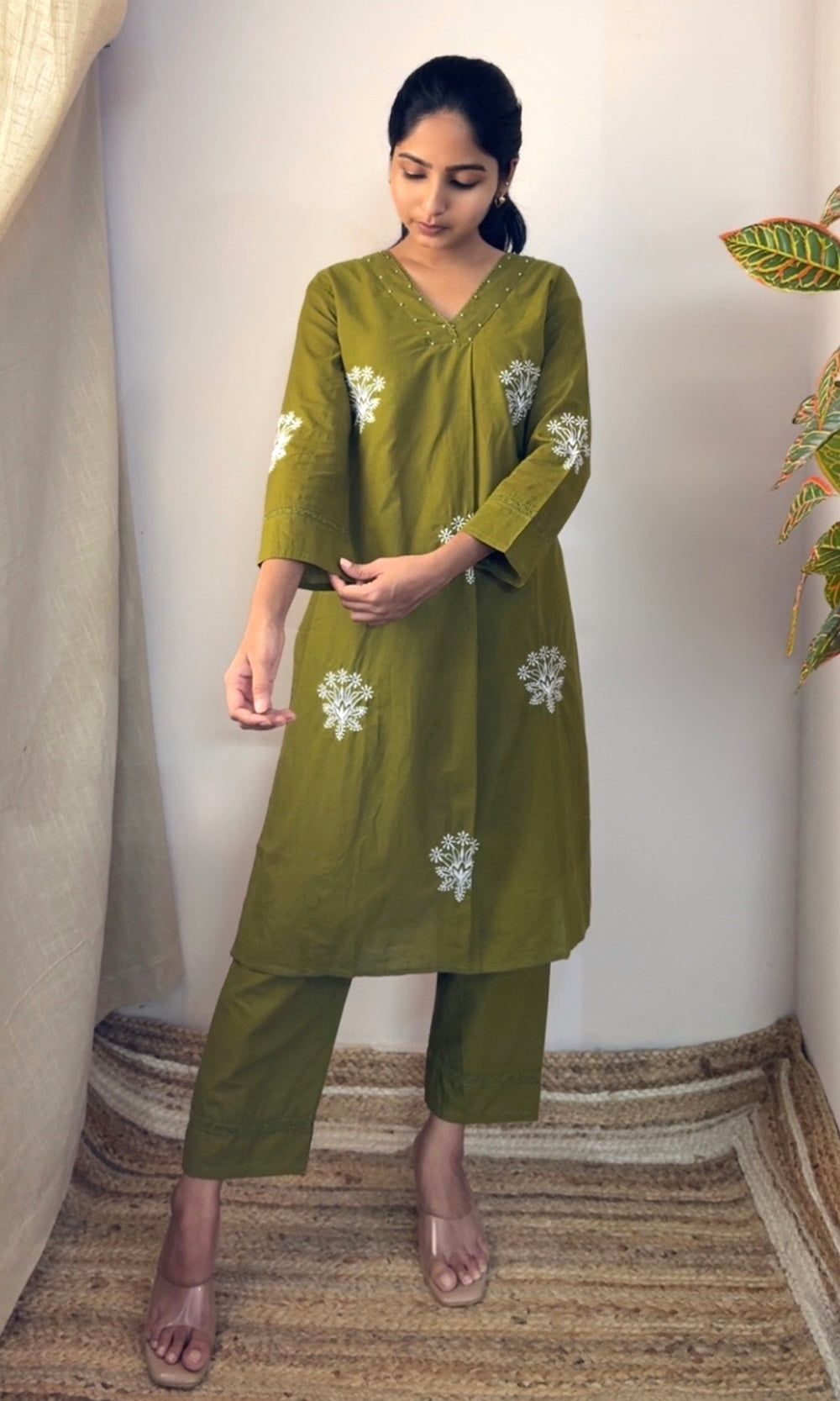 Olive Green Cotton Embroidered Kurta Palazzo Co-ord Set with V-Neckline