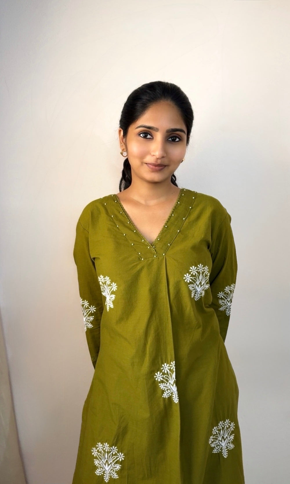 Olive Green Cotton Embroidered Kurta Palazzo Co-ord Set with V-Neckline