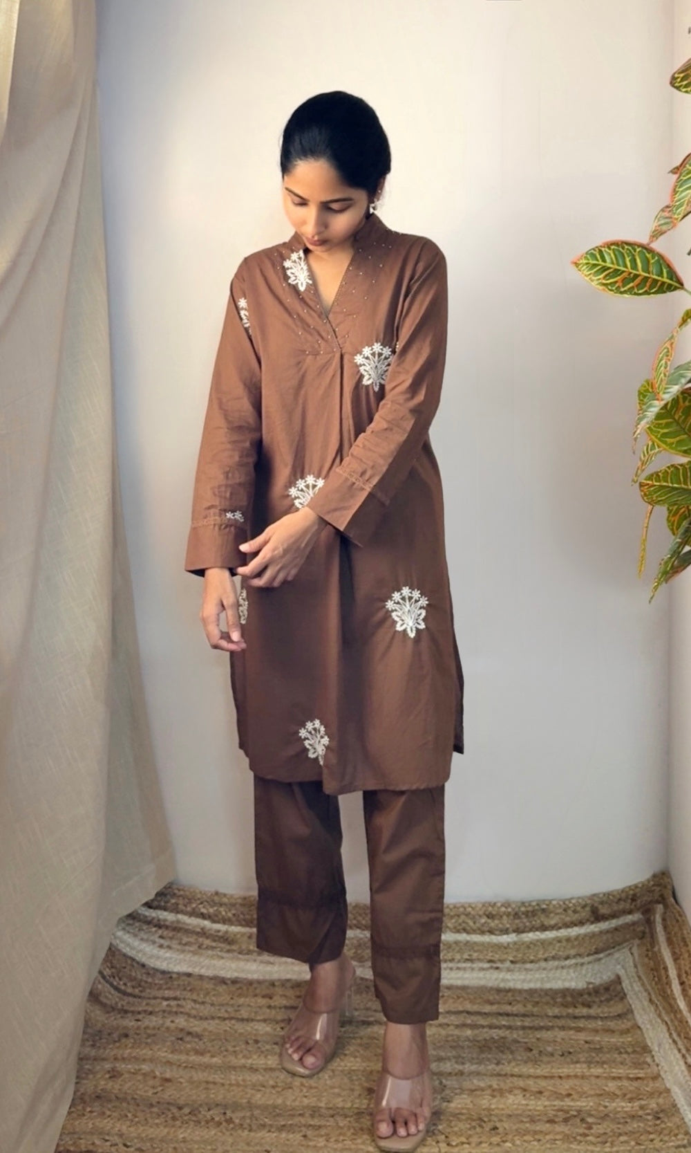 Brown Cotton Embroidered Kurta Palazzo Co-ord Set with V-Neckline