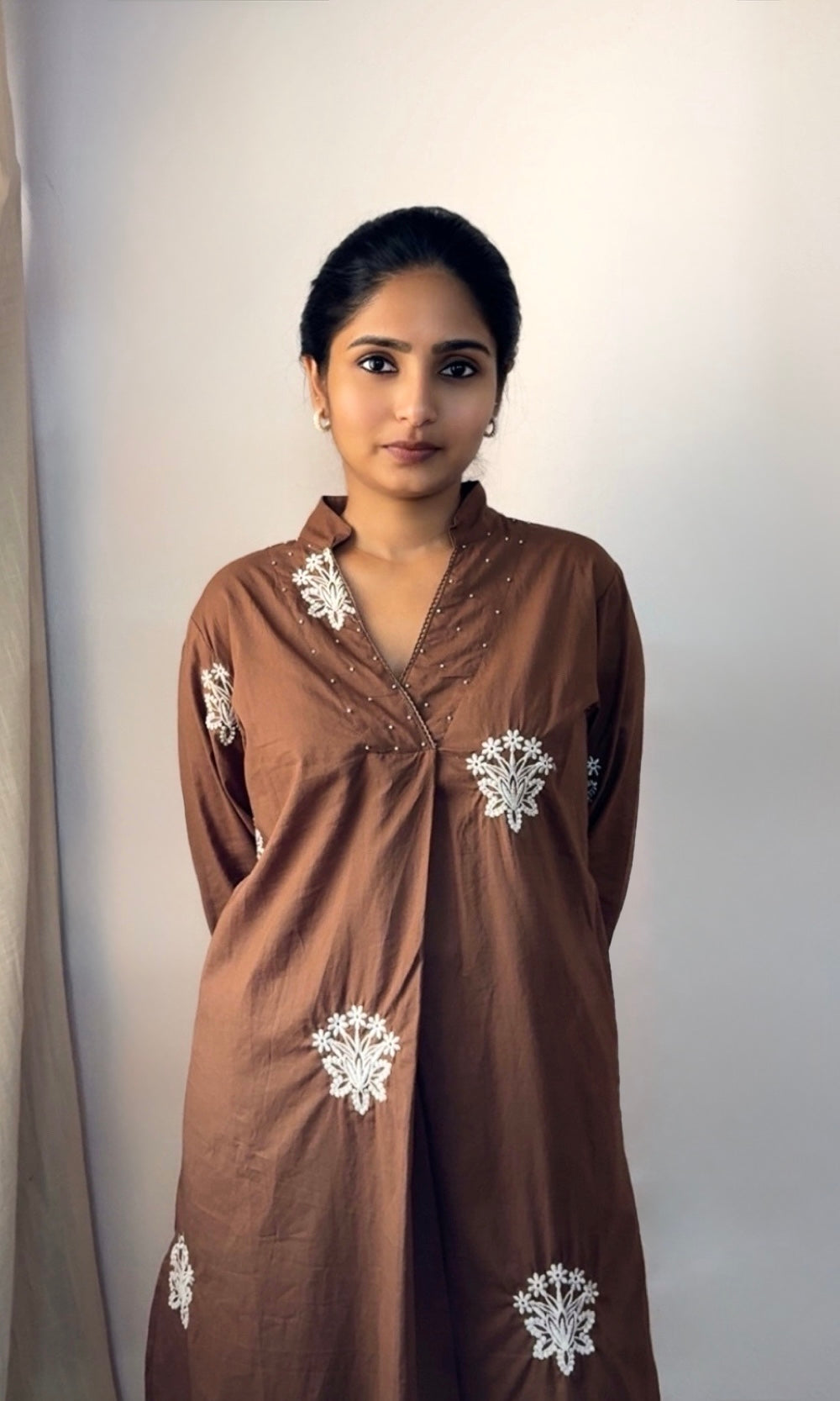 Brown Cotton Embroidered Kurta Palazzo Co-ord Set with V-Neckline