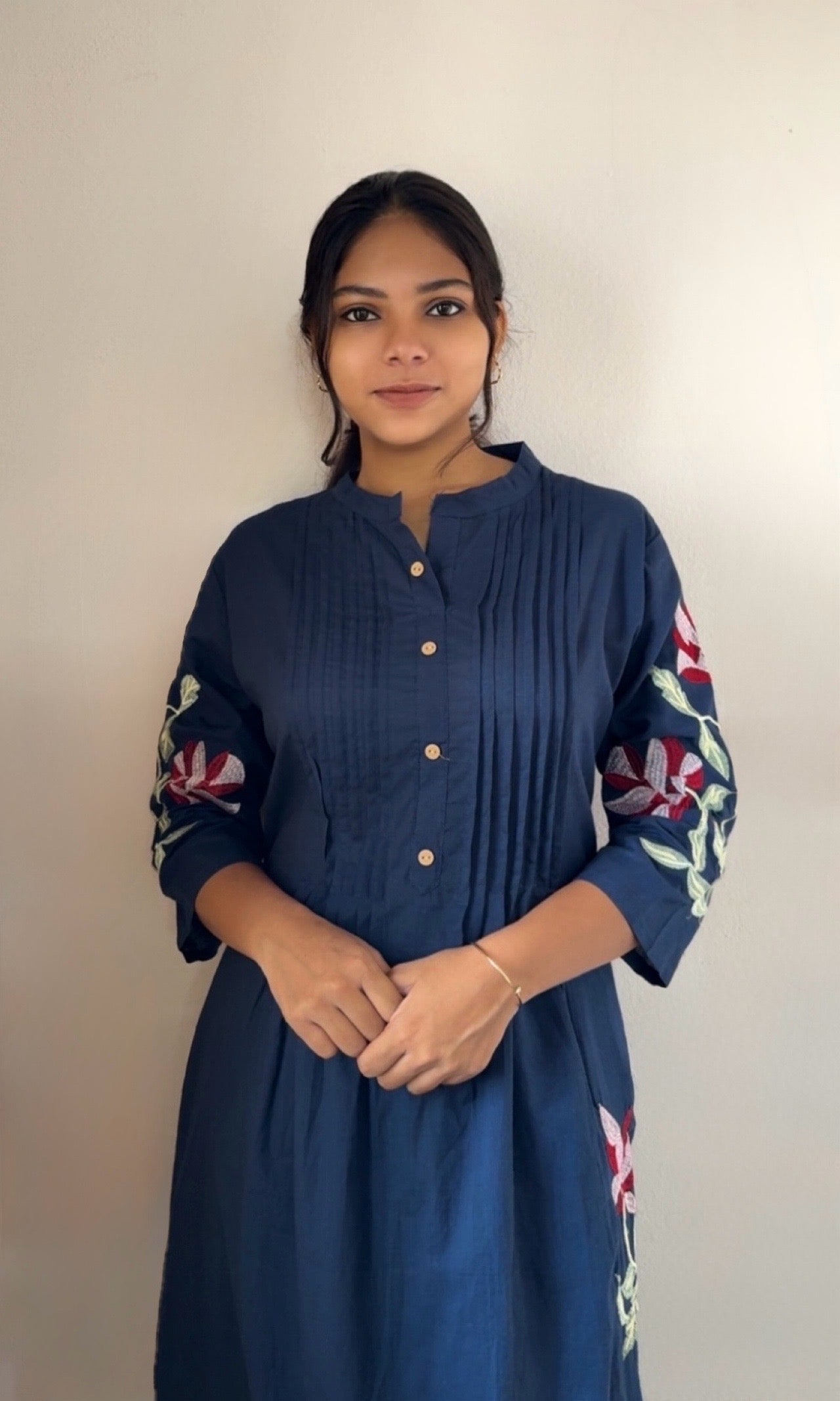 Dark Blue Cotton Pleated Kurta Palazzo Co-ord set with Floral Embroidered Sleeves