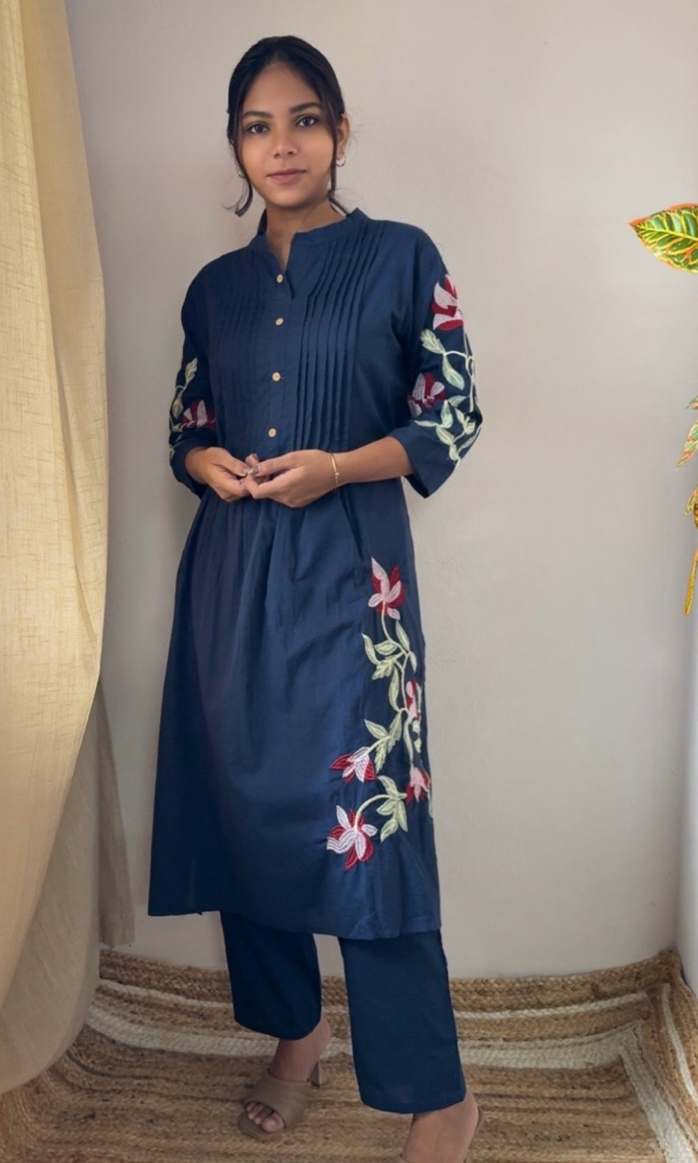 Dark Blue Cotton Pleated Kurta Palazzo Co-ord set with Floral Embroidered Sleeves