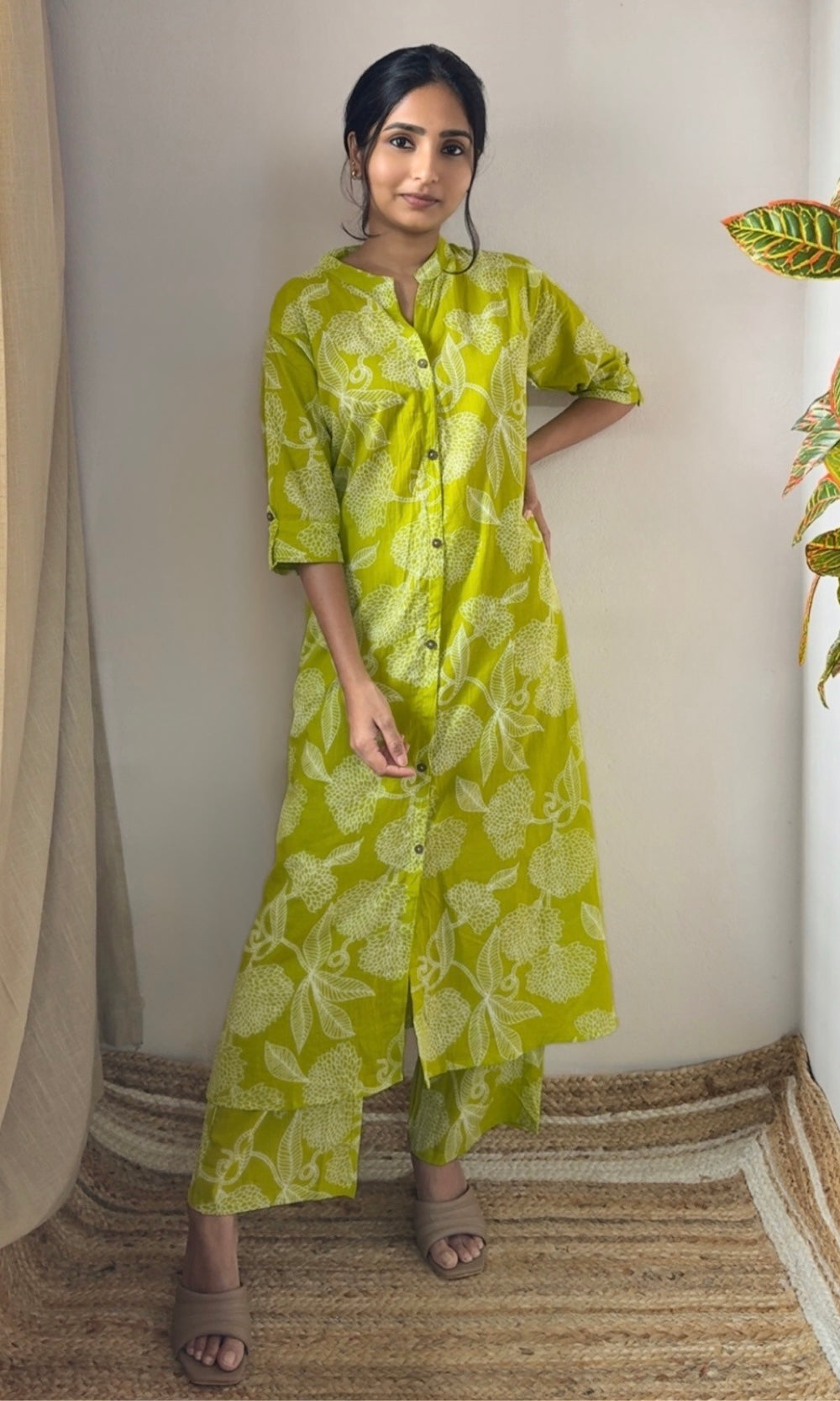 Lime Yellow Floral Kurta Palazzo Co-ord Set