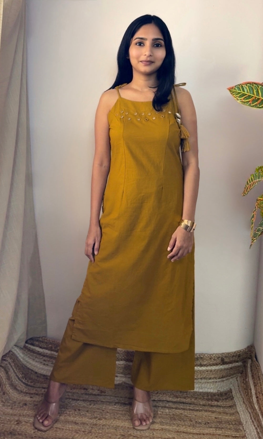 Mustard Yellow Spaghetti Pattern Kurta Palazzo Co-ord Set
