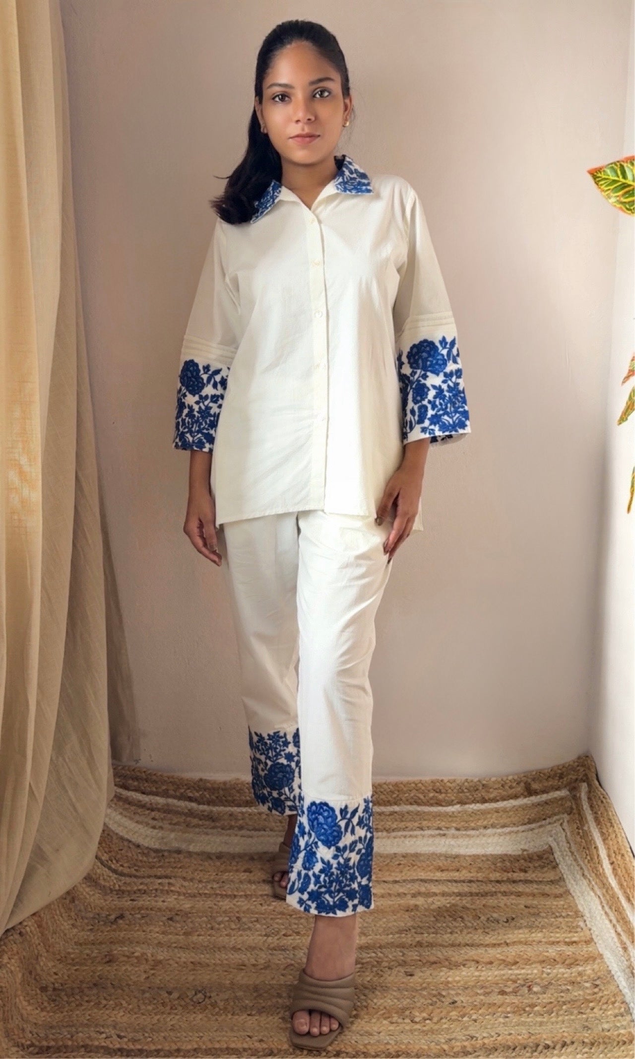 White - Blue Floral Embroidered Co-Ord Set