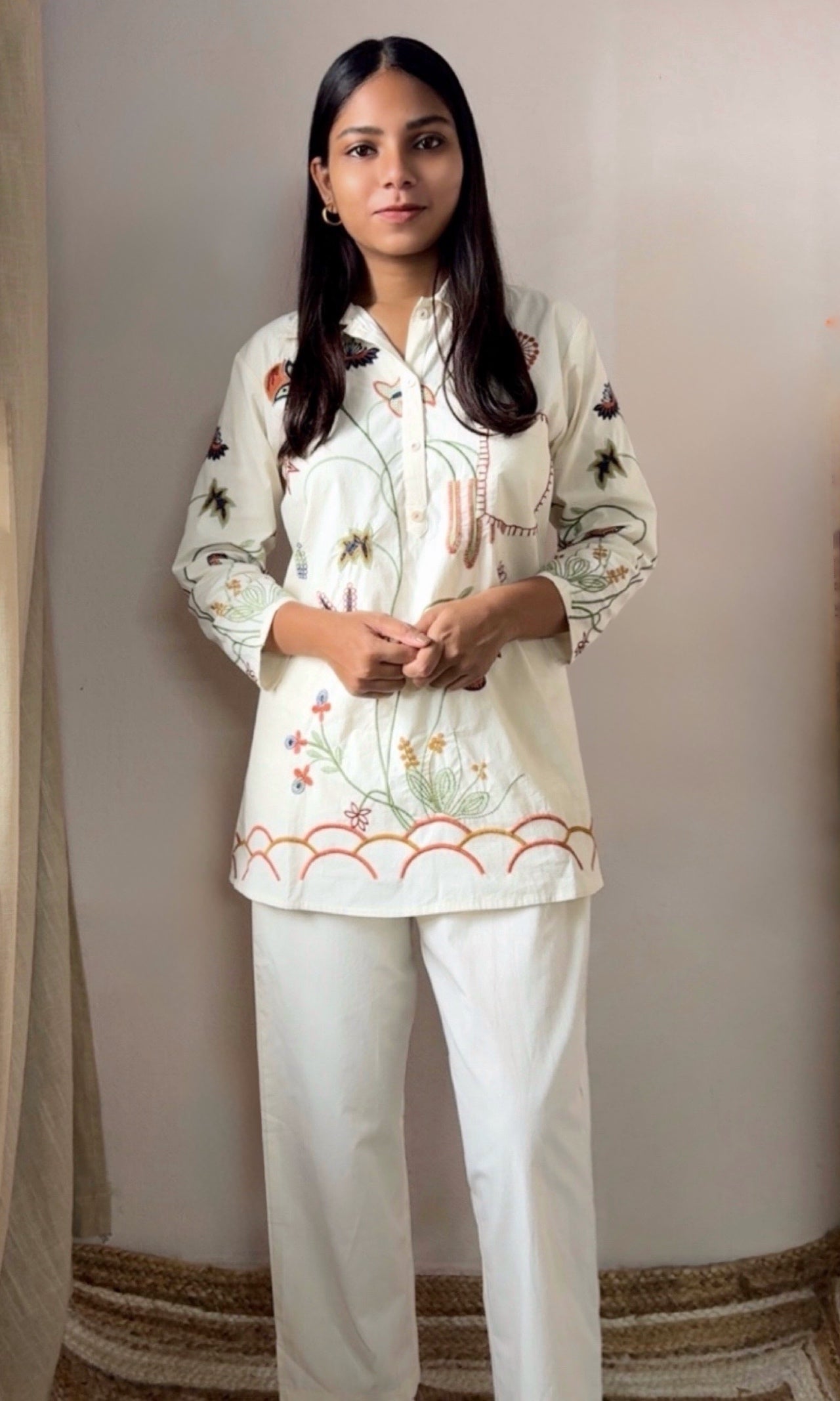 Off White Floral Embroidered Co-ord Set with Collared Neckline