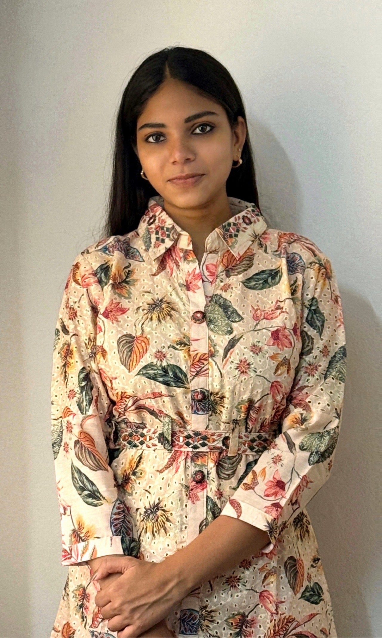 Beige Floral Kurta Palazzo Co-Ord Set with Belt