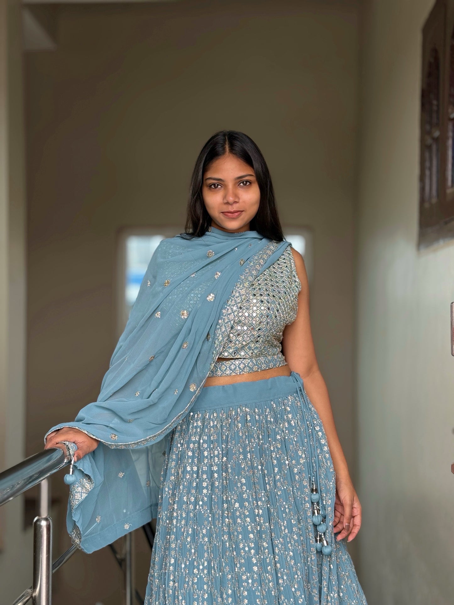 Blue Mirror & Sequin Embroidered Lehenga Set