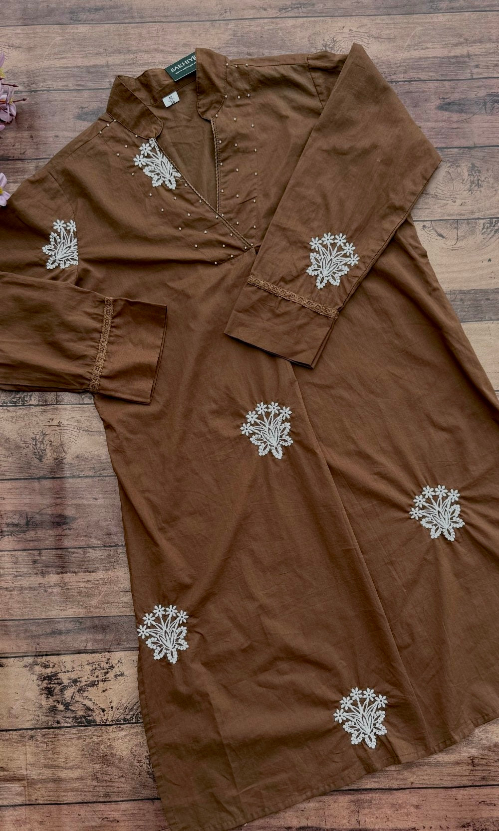 Brown Cotton Embroidered Kurta Palazzo Co-ord Set with V-Neckline