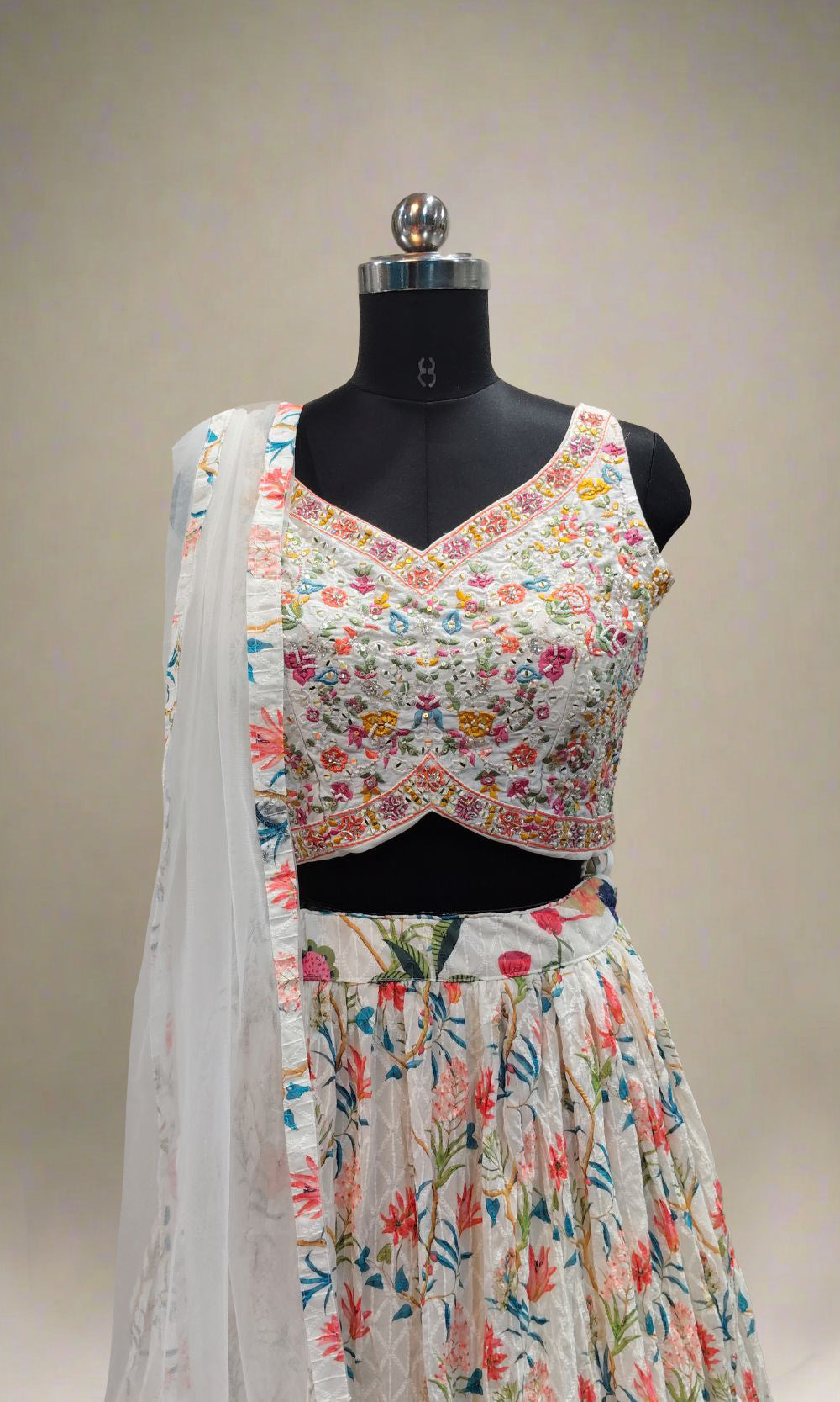 White Multi-Colour Floral Lehenga Set