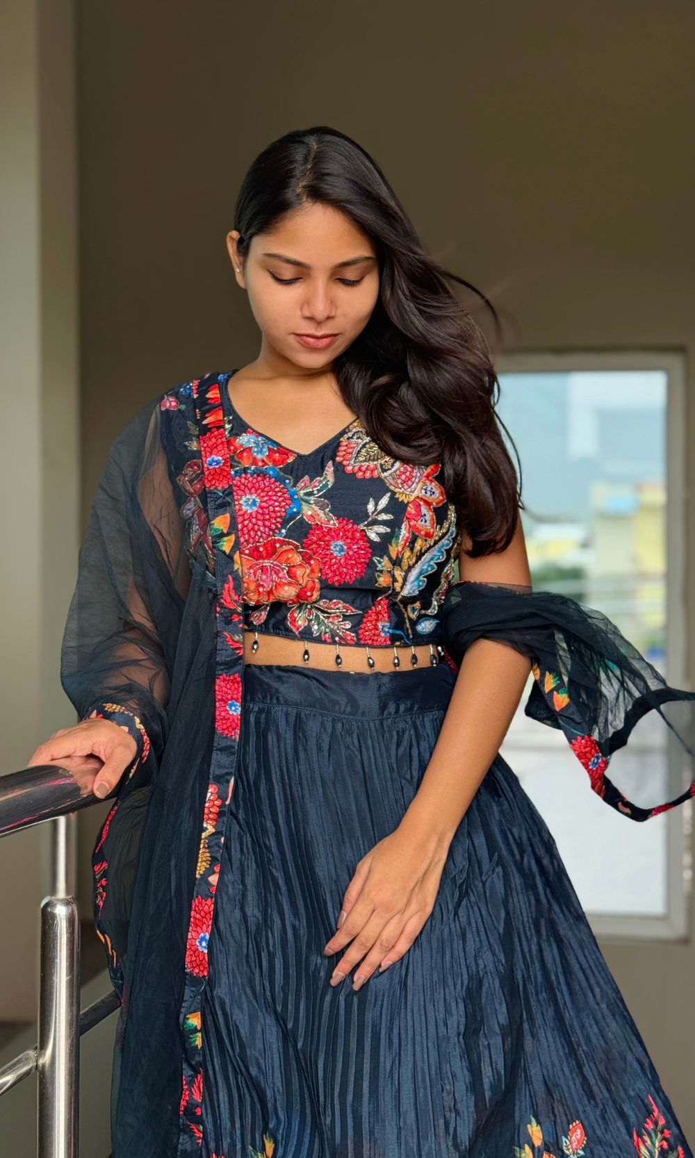 Dark- Blue Pleated Floral Lehenga Set