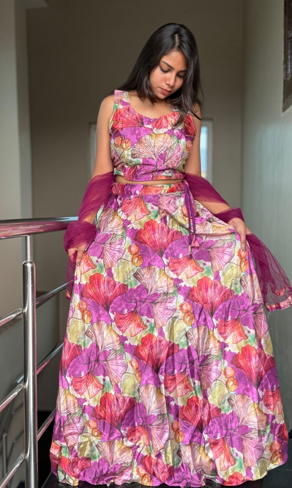 Multi-colour Organza Floral Printed Lehenga Set