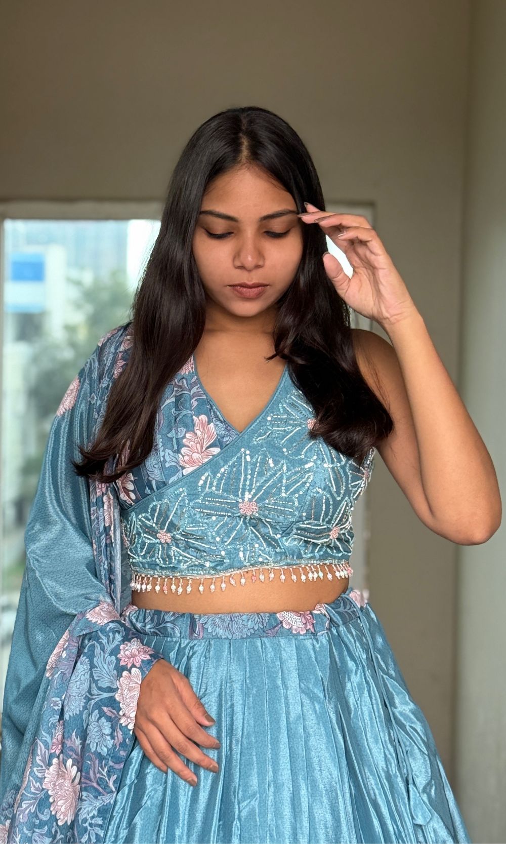 Light-Blue Floral Pleated Lehenga Set