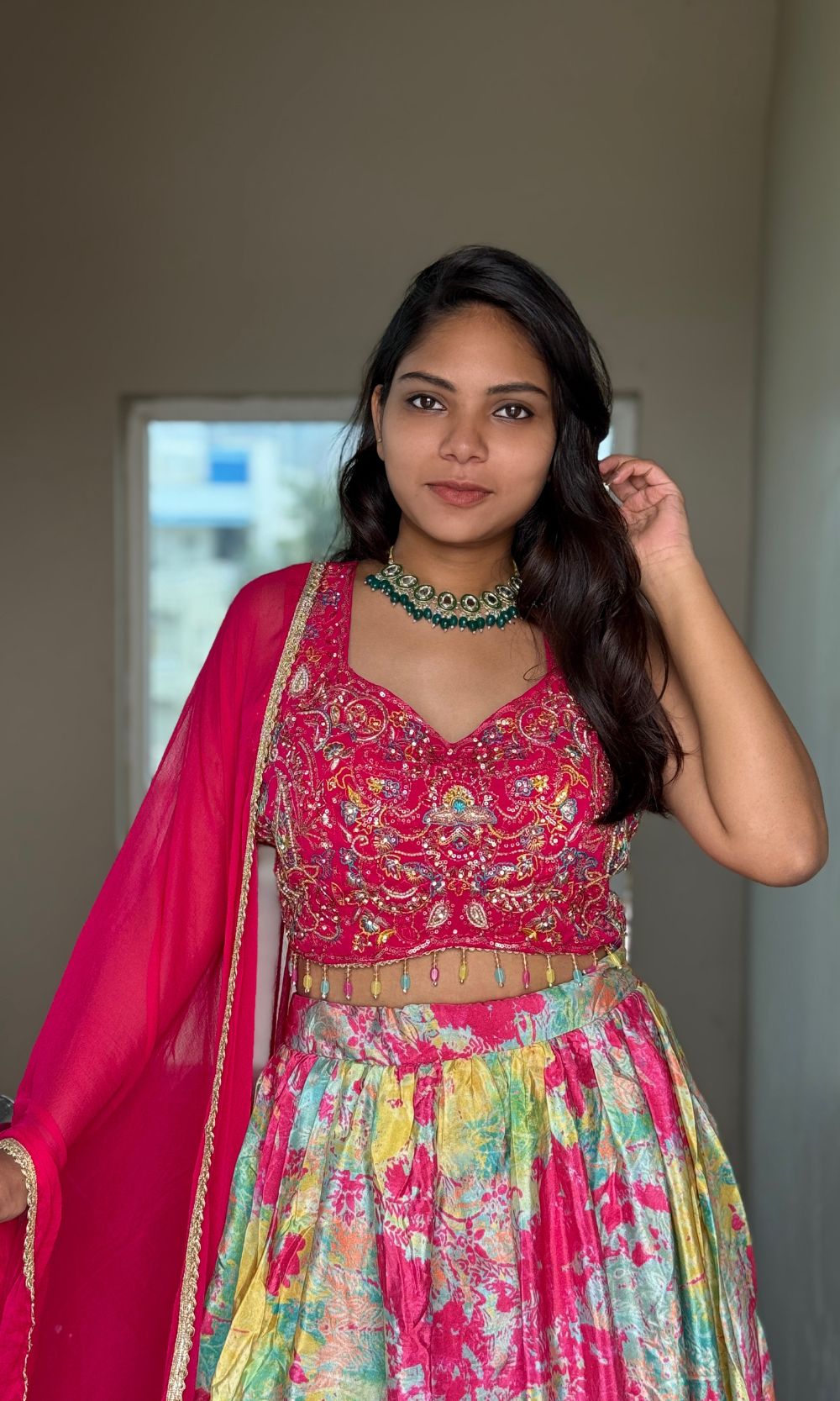Pink Multi-Colour Pleated Lehenga Set