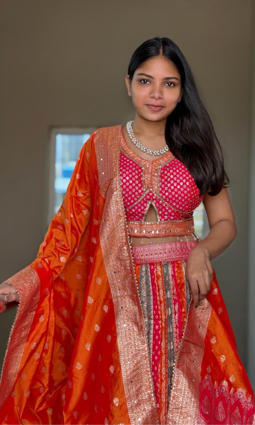 Pink-Orange Banarasi Lehenga Set