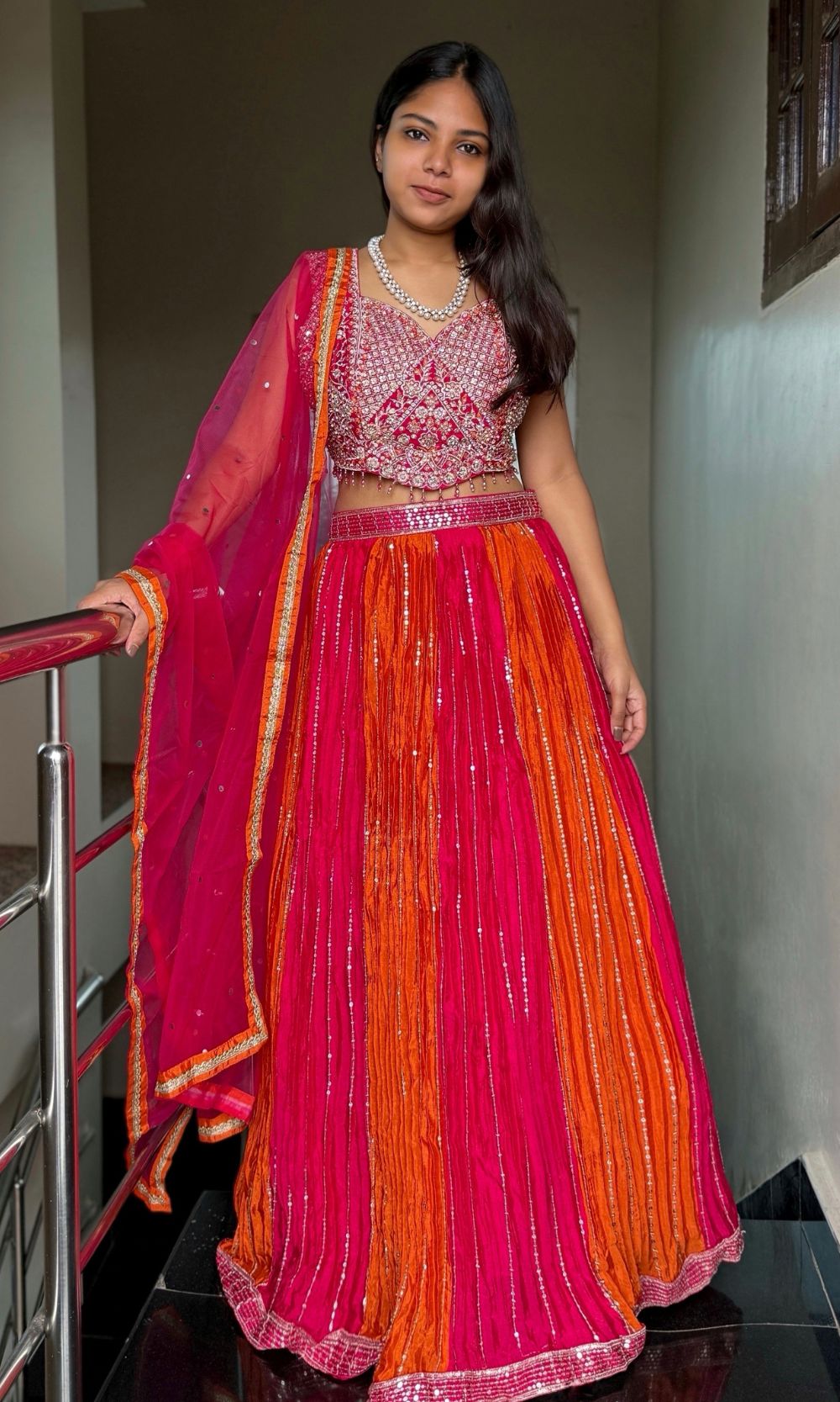 Pink-Orange Embroided Lehenga Set