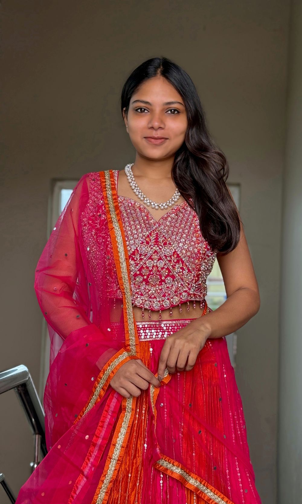 Pink-Orange Embroided Lehenga Set