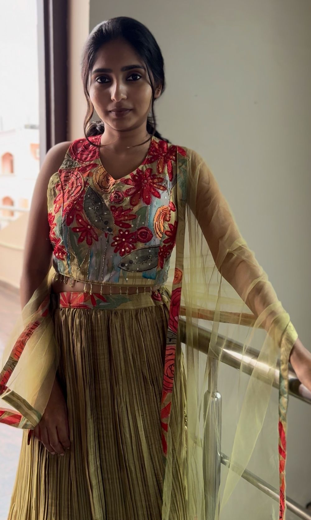 Green Floral-Print Pleated Lehenga Set