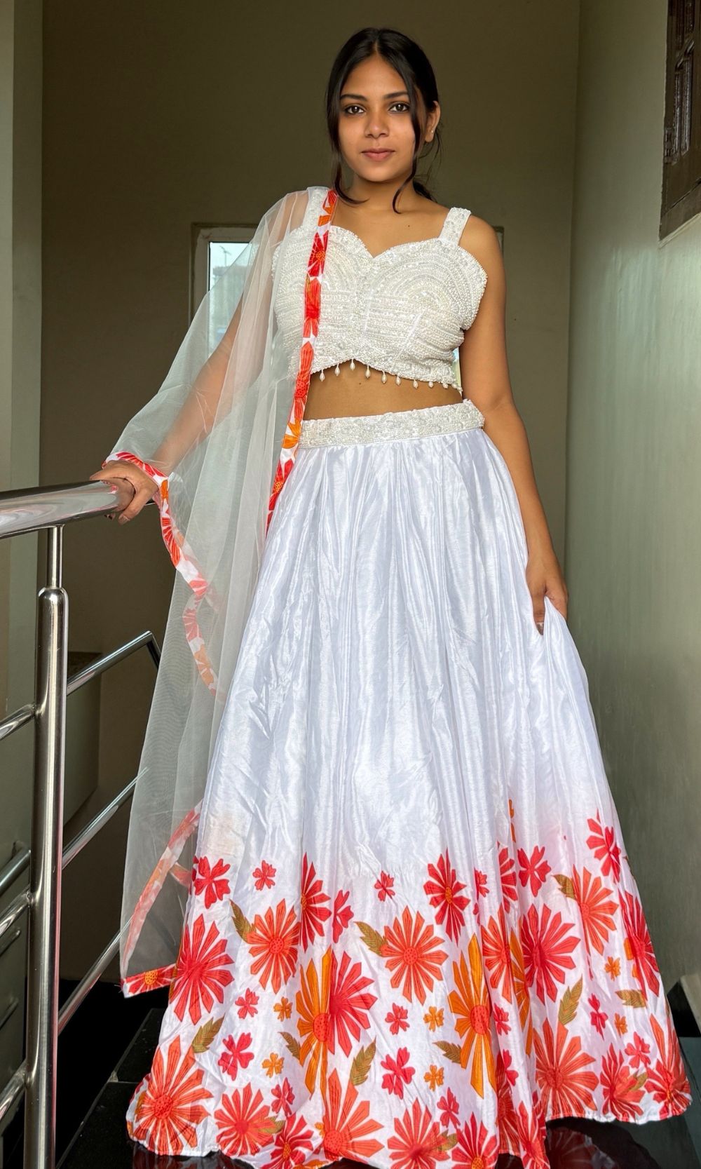 White Floral Pleated Lehenga Set