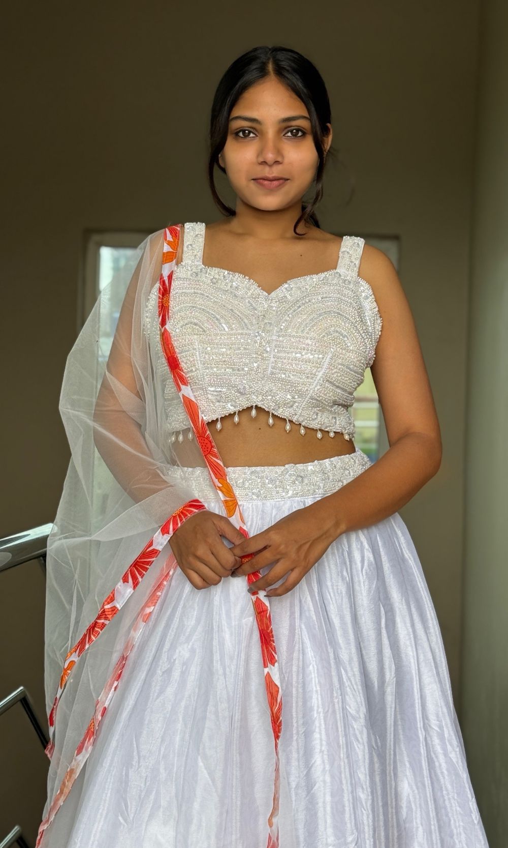 White Floral Pleated Lehenga Set